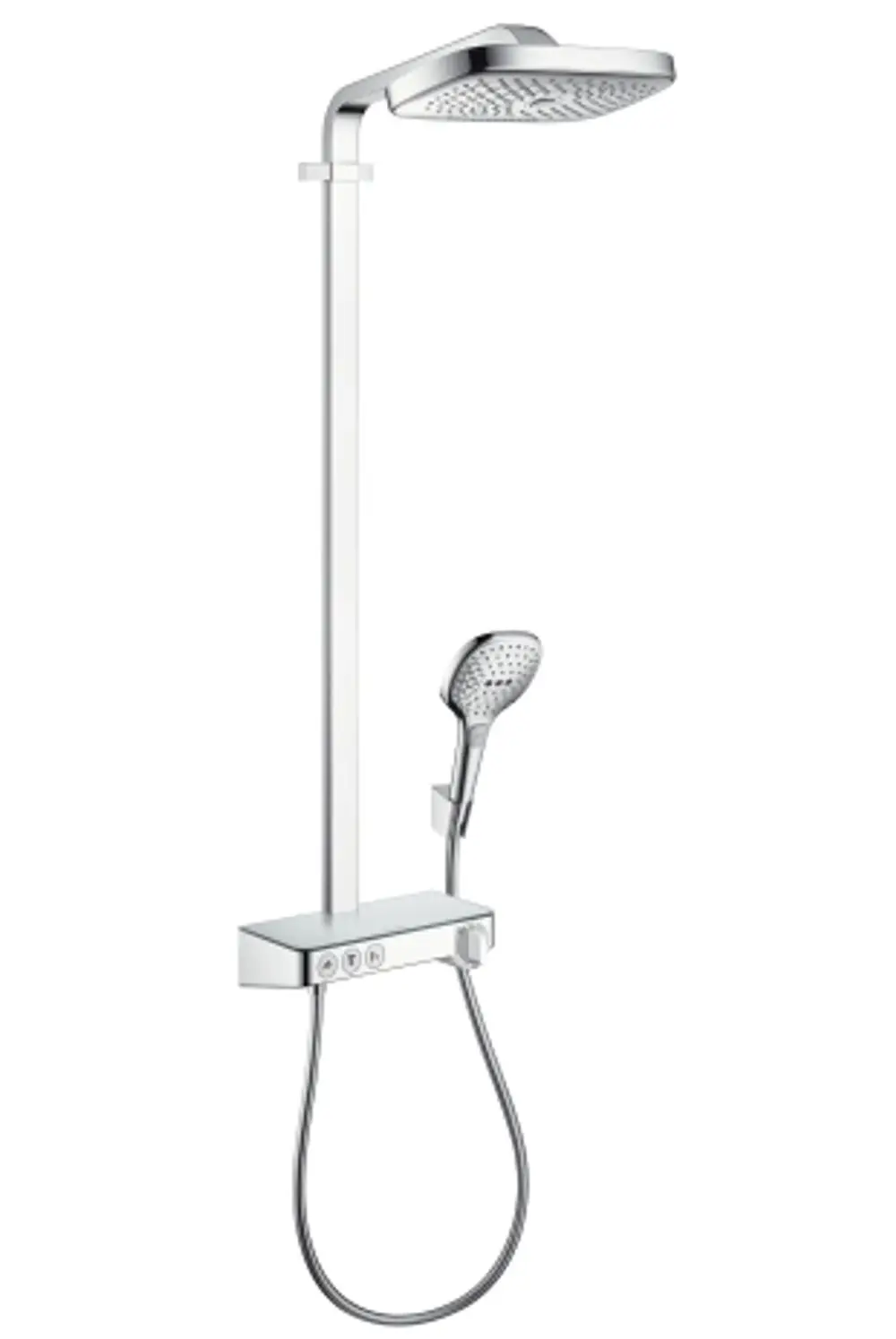 Duschsystem von Hansgrohe mit Kopfbrause und Handbrause, montiert an einer Wand, mit schmalem Bedienfeld zur Steuerung der Wasserzufuhr.